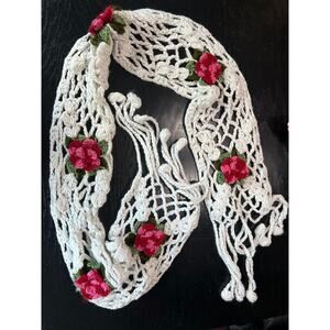 White with red pink roses- crochet- XL scarf -unbranded longer than 100 in